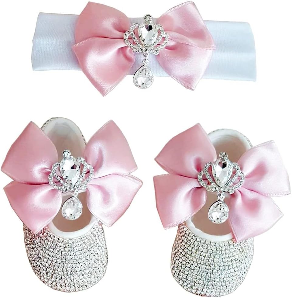 Bling Rhinestone New Born Baby Girl Shoes and Headband, Luxury Baby Gift Set Cream