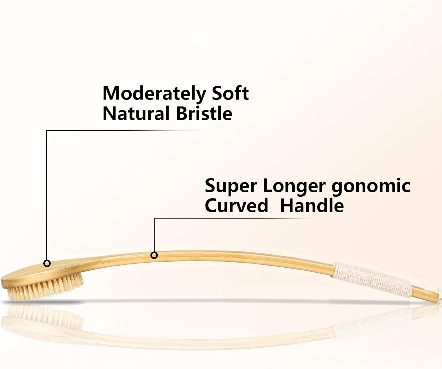​​​​Back Scrubber Brush for Shower, 22" Curved Long Bamboo Handle Shower Brush, Antiskid Body Bath Brushes for Back Dry/Wet Brushing, Moderately Soft Natural Bristle Body Brush for Showering (Beige)