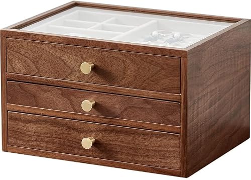 CHOSIN Black Walnut Wooden Jewelry Box for Women, Classical Wooden 3-Layer Jewelry Organizer with Glass Lid, 3 Big Drawers, Watch, Necklace, Ring, Earring Storage Gift