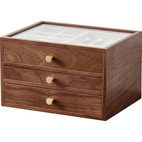 Chosin Black Walnut Wooden Jewelry Box For Women, Classical Wooden 3-Layer Jewelry Organizer With Glass Lid, 3 Big Drawers, Watch, Necklace, Ring, Earring Storage Gift #TOP3