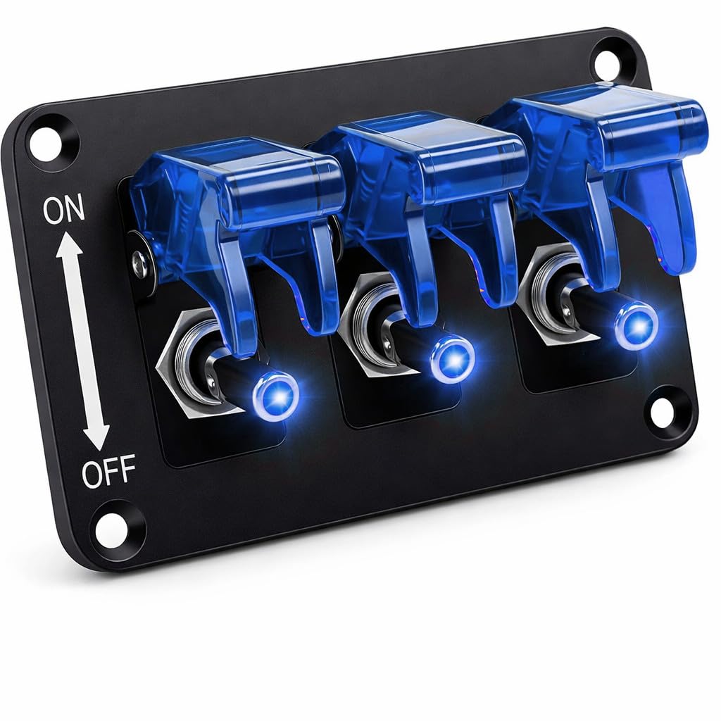 MGI SpeedWare 3-Gang Toggle Switch Panel with LED & Safety Flip Covers – Heavy-Duty SPST Rocker Switch Plate for 12V Car, Truck, Boat, RV & UTV (Red)