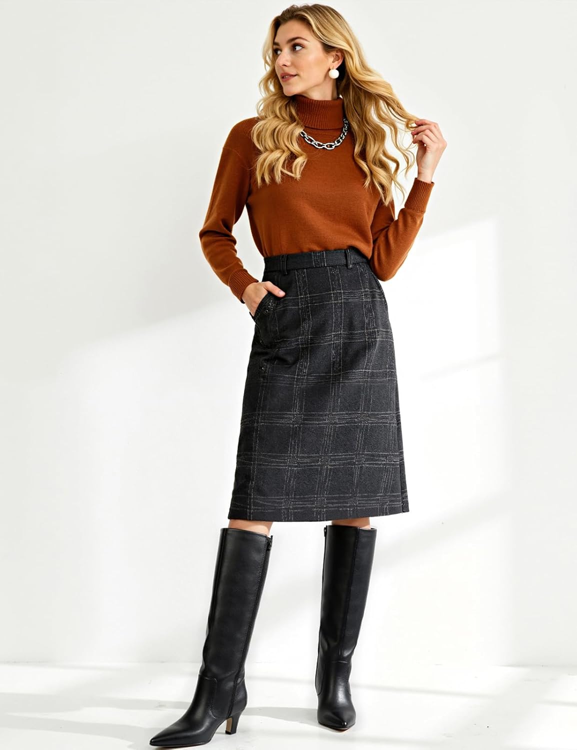 Knee High Boots for Women Pointed Toe Kitten Low Heel Tall Boots Faux Leather Fall Long Boots Side Zipper