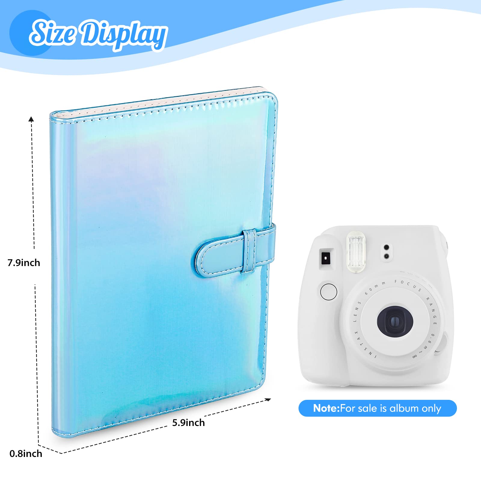 Ablus Mini álbum de fotos de 128 bolsillos para cámara Fujifilm Instax Mini, Polaroid Snap, Z2300, cámaras instantáneas SocialMatic y impresora instantánea con cremallera (color azul claro mágico