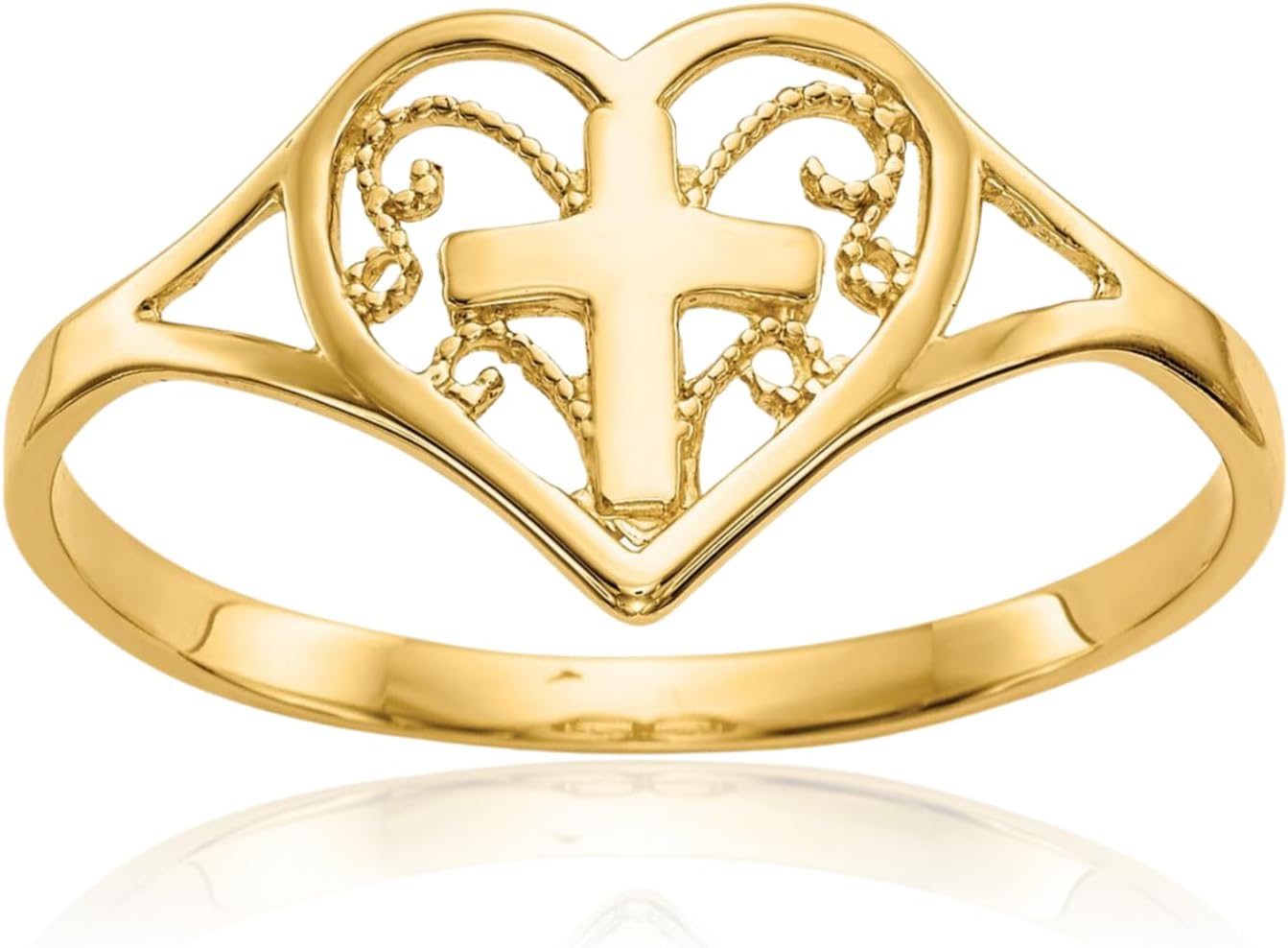 IceCarats 14K Solid Yellow Gold Heart Love Holy Cross Ring Christian Religious Band Size 8