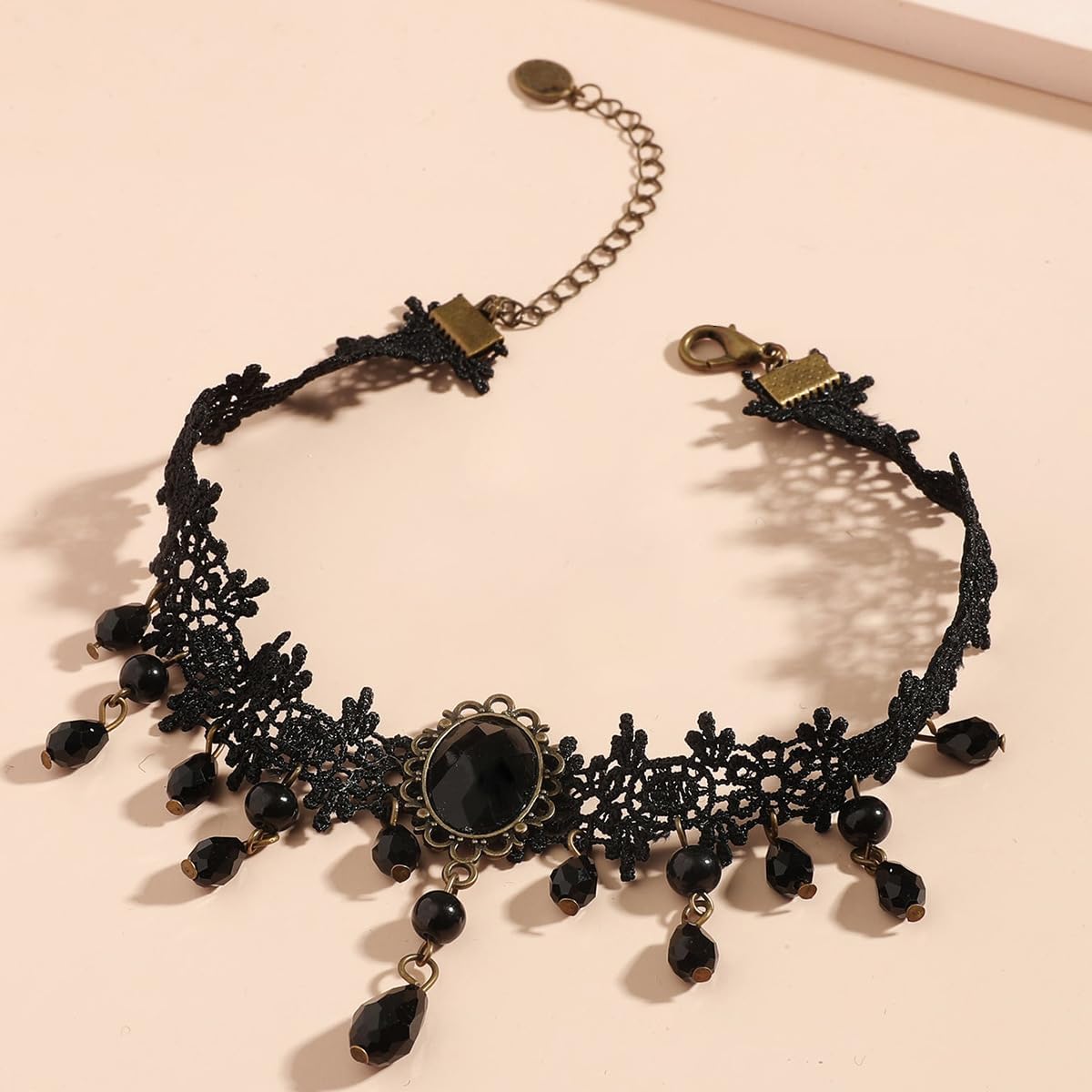 Rrdaily Gothic Crystal Lace Pendant Necklace for Women Punk Adjustable Black Gemstone Statement Collarbone Chain Exaggerated Lace Choker Halloween Jewelry Gifts - Image 5