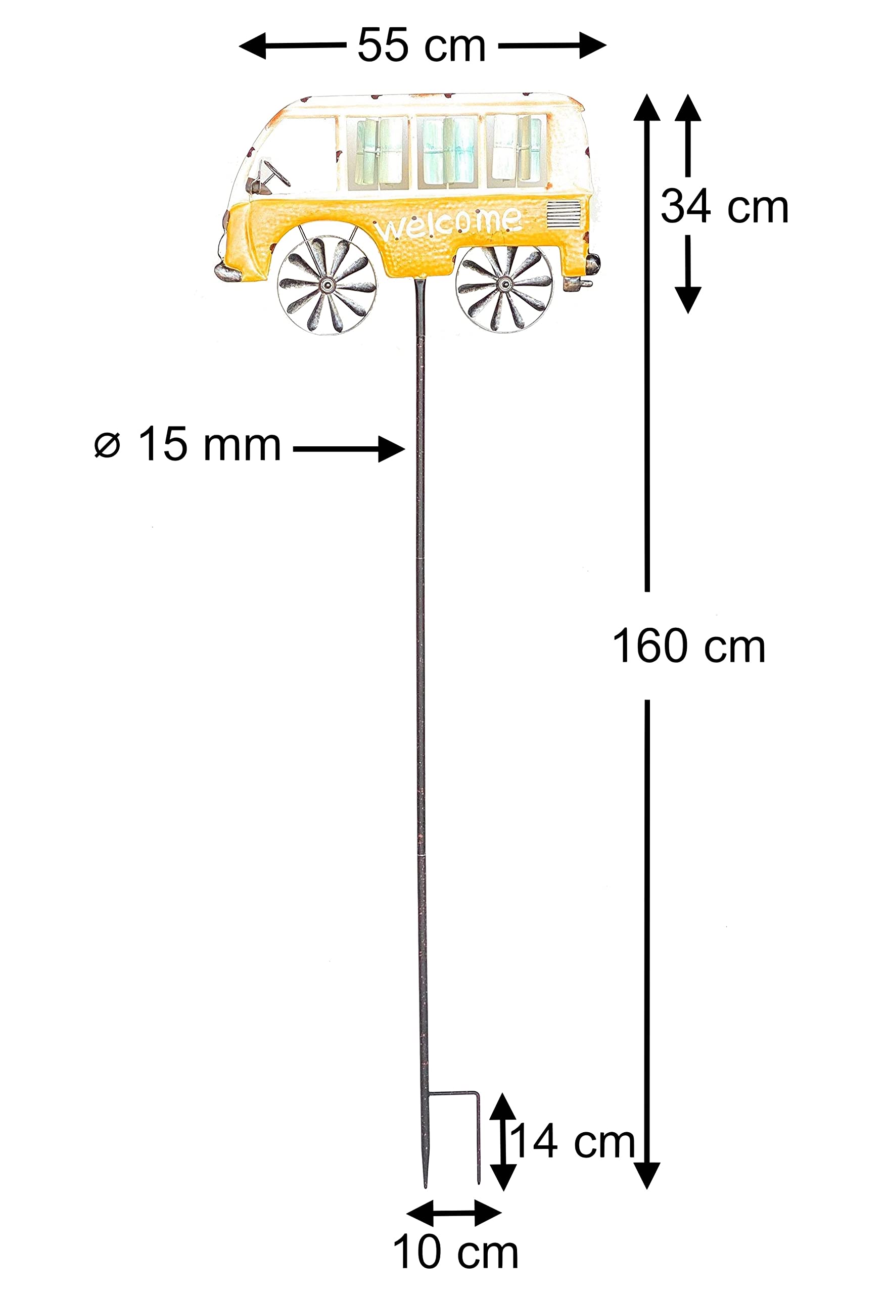DanDiBo Gartenstecker Metall Bus Auto XL 160 cm Gelb Weiß 96104 Windspiel Willkommen Windrad Wetterfest Gartendeko Gartenstab Bodenstecker Mini Van