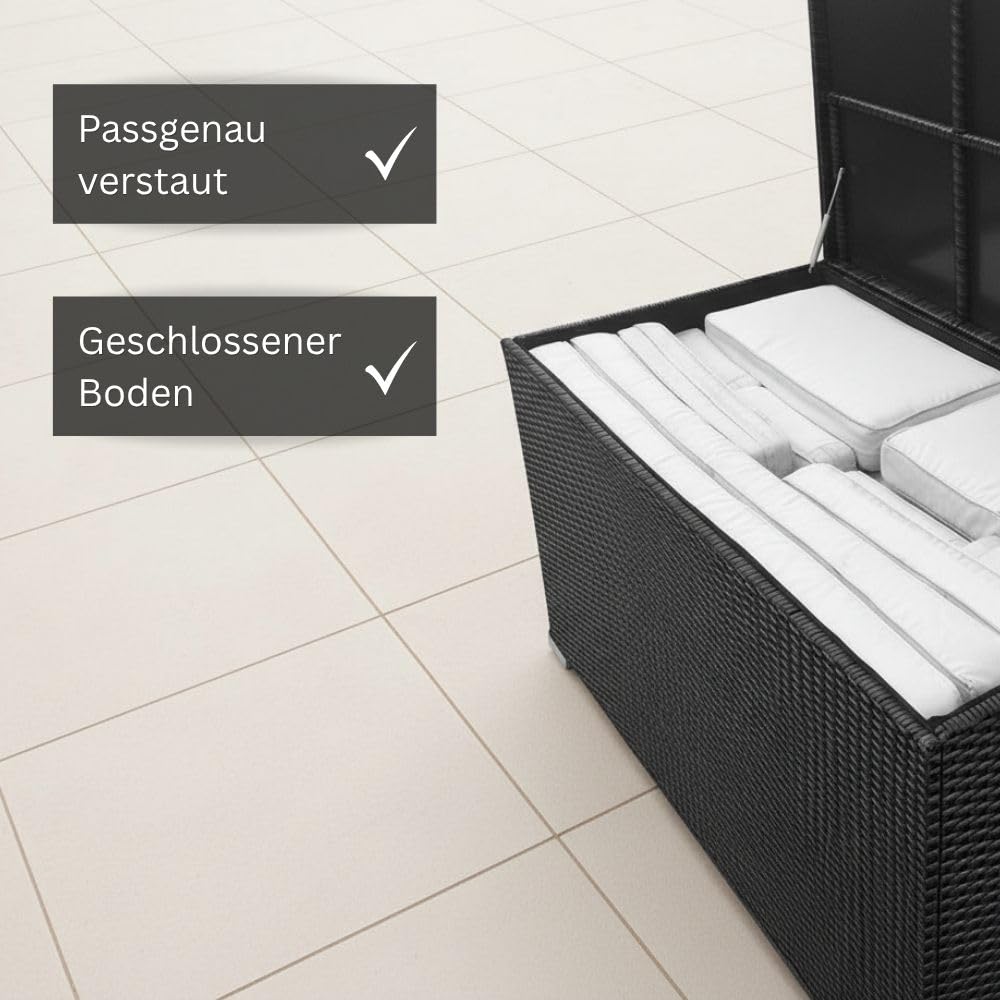 RS Trade Auflagenbox wasserdicht XXL, Gartenbox, Aufbewahrungsbox Garten, Kissenbox Outdoor, Gartentruhe, große Gartenkiste für Polster, wetterfeste Garten-Aufbewahrung, Polyrattan, 950l, schwarz
