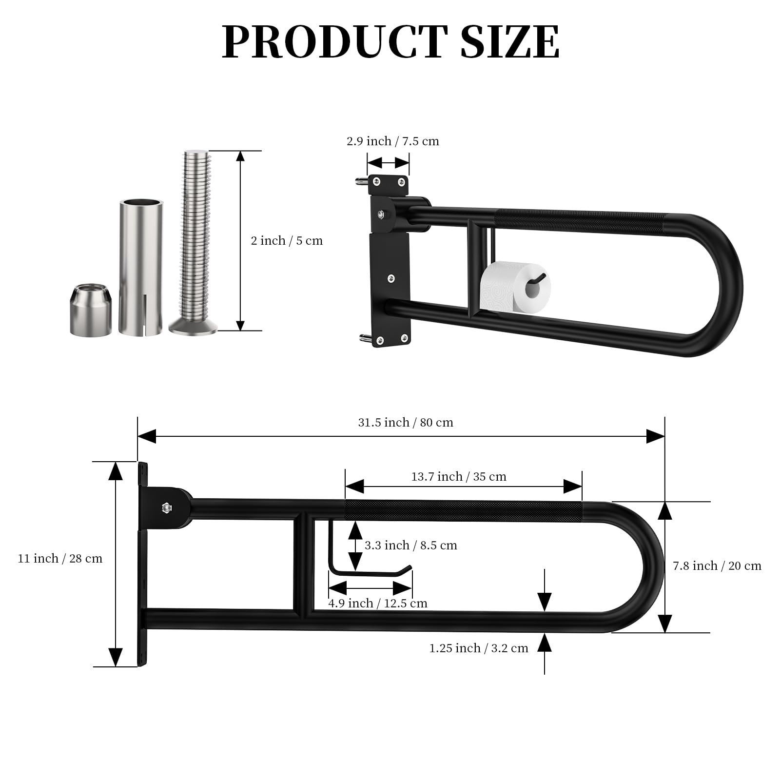 ZUEXT Maniglia per WC ribaltabile a forma di U, 80 cm, con porta carta | Corrimano di sicurezza antiscivolo pieghevole per bagno, in acciaio inox, per anziani, disabili, incinte
