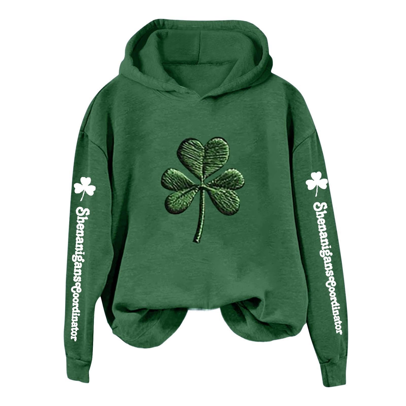 St Patricks Day Hoodies for Women UK Lucky Shamrock Sweatshirts Funny Irish Pullover Hoodie Green Clover Printed Long Sleeve Lightweight Loose Hooded Top Trendy Basic Jumper Casual Spring Shirt Blouse