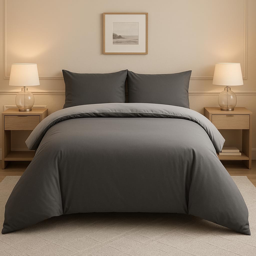 Lions Charcoal/Grey Plain Dye Duvet Cover Set - Soft Reversible Microfibre Two Colors Quilt Bedding (, Single)