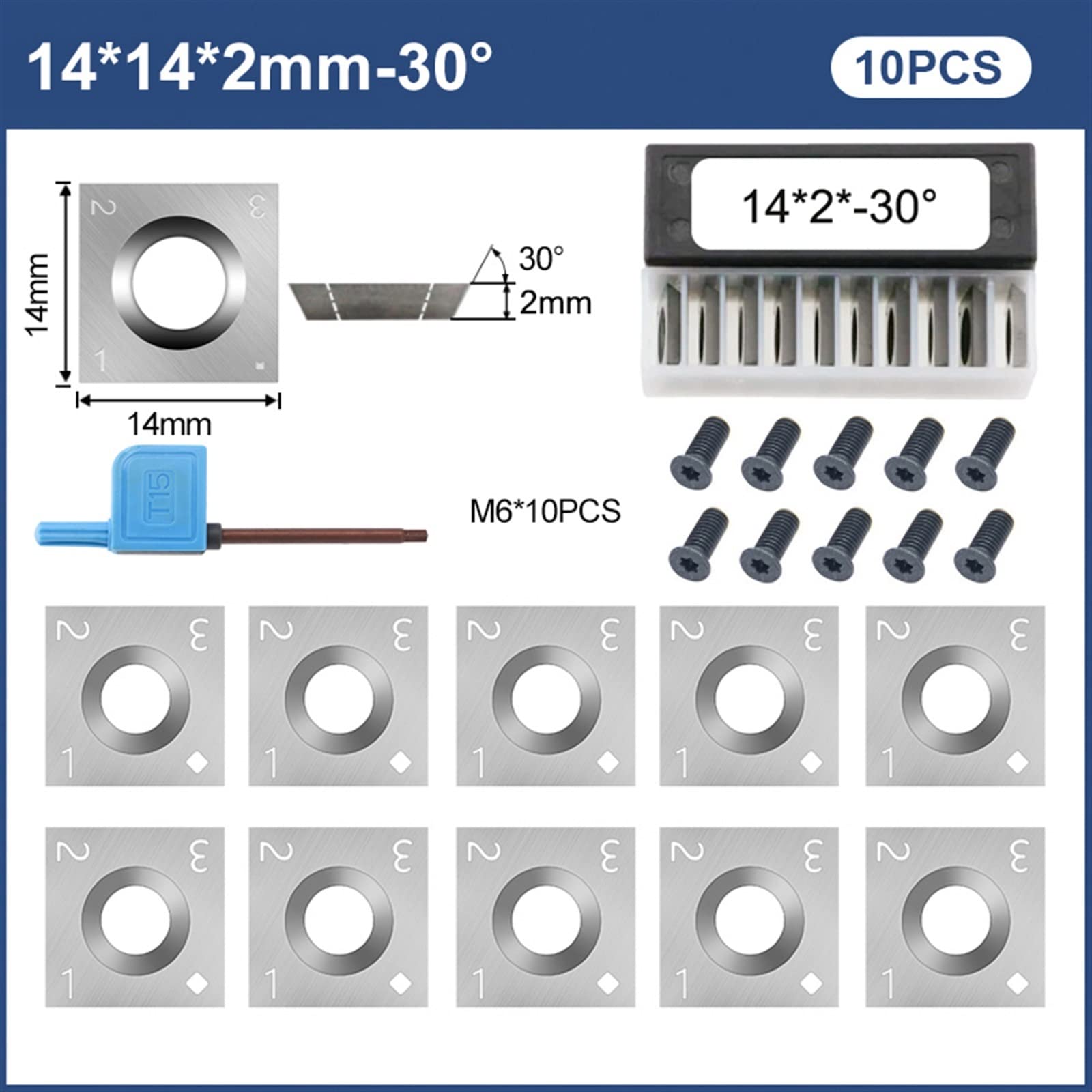 Płytki węglikowe do tokarek, 10 sztuk płytek tnących 10 sztuk płytek węglikowych frez 14x14x2mm 30 stopni 4 krawędzie kwadratowe zaokrąglone krawędzie ostrza do narzędzia tokarskiego do drewna(With Sc