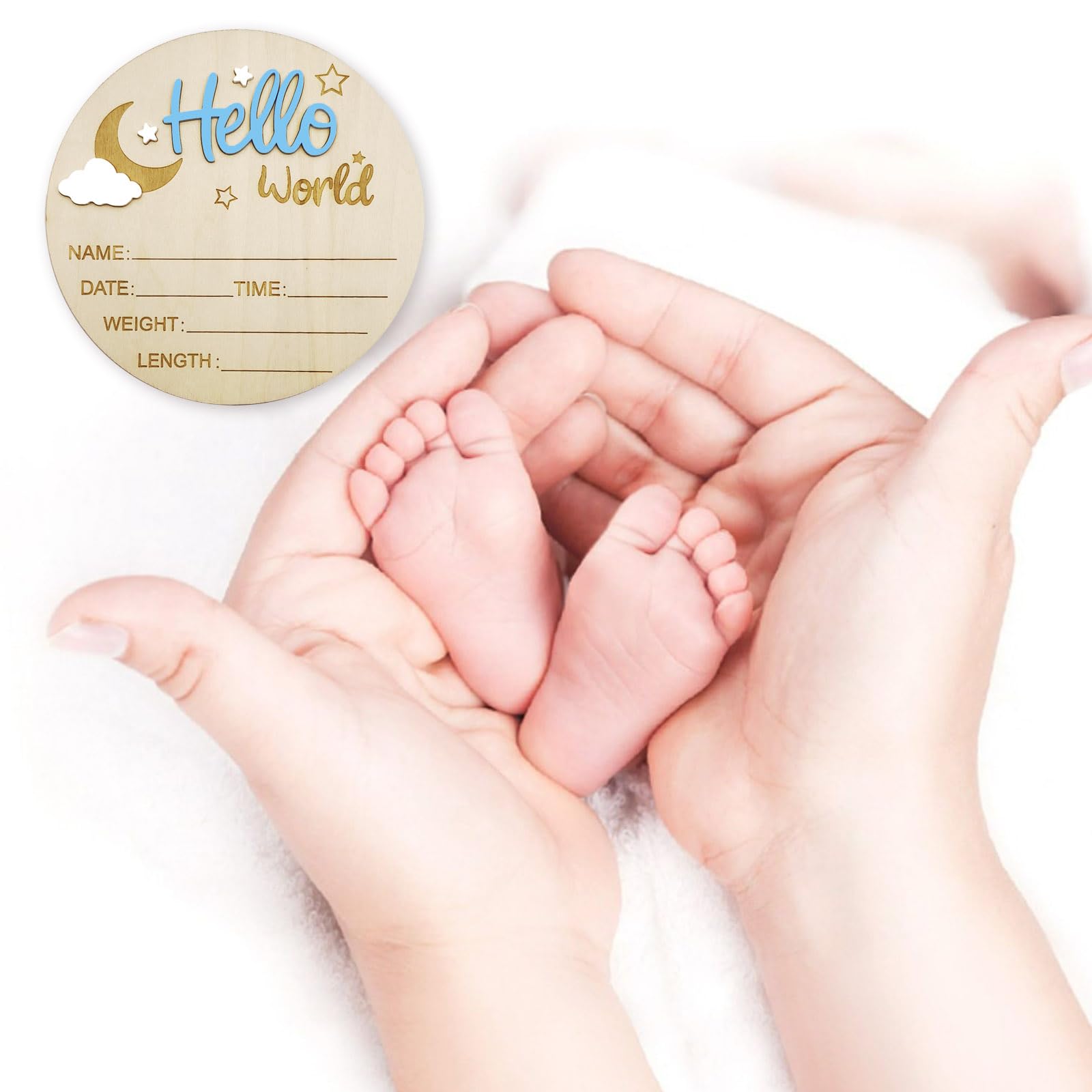 Baby Announcement Sign - Wooden Hello World Newborn Sign With Hot Air Balloon Design