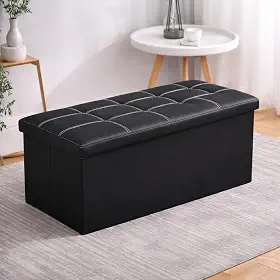 Puff Baú Preto Dobrável 76cm Banco Organizador Estofado MDF com Armazenamento