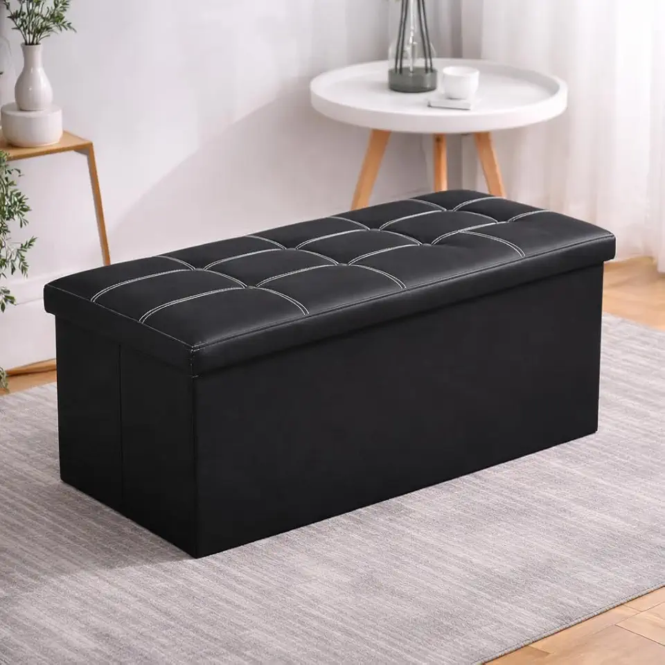 Puff Baú Preto Dobrável 76cm Banco Organizador Estofado MDF com Armazenamento