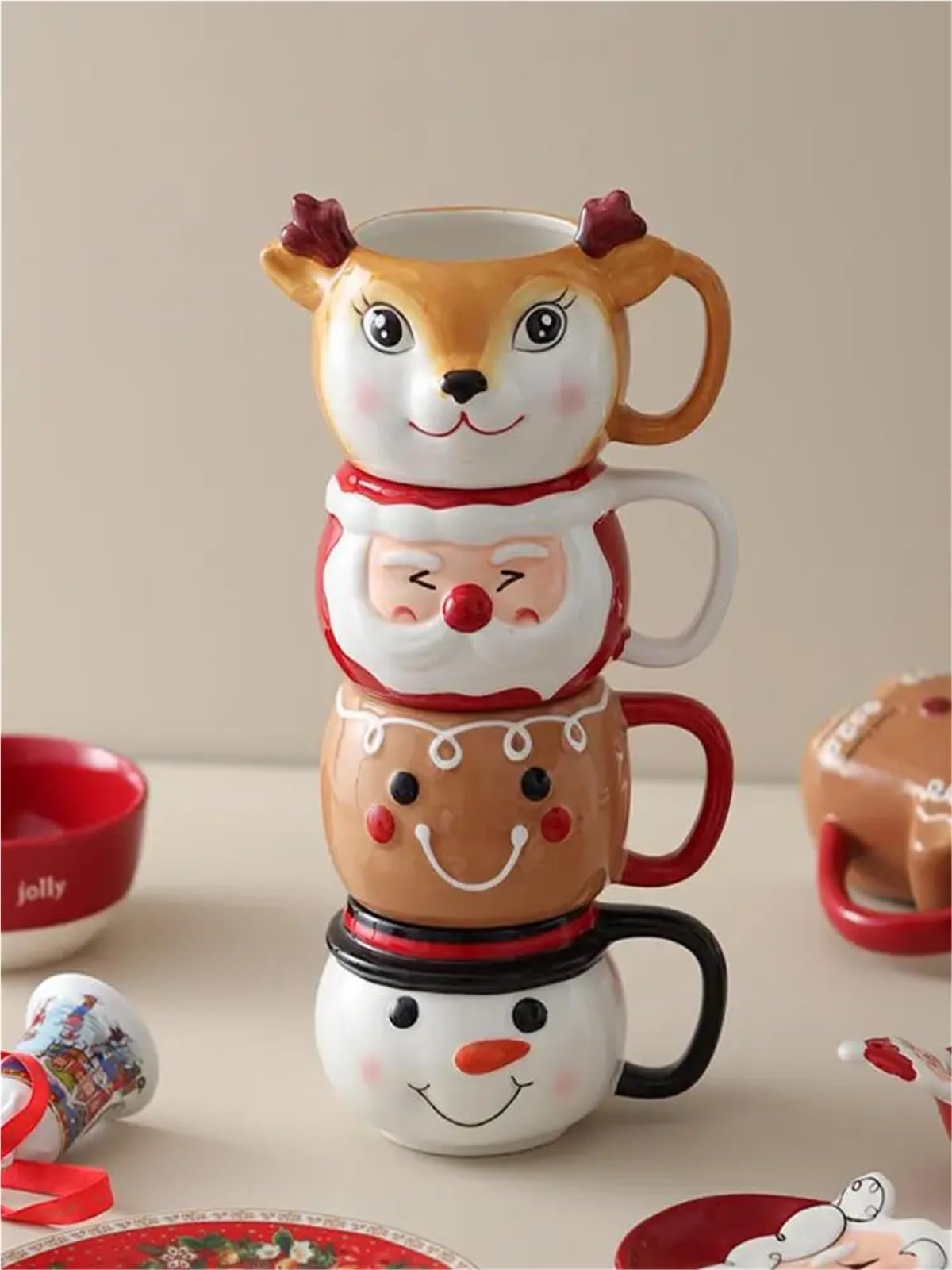 Taza de café de Papá Noel de dibujos animados, tazas apiladas de cerámica, tazas lindas de muñeco de nieve Para Boda(Red)