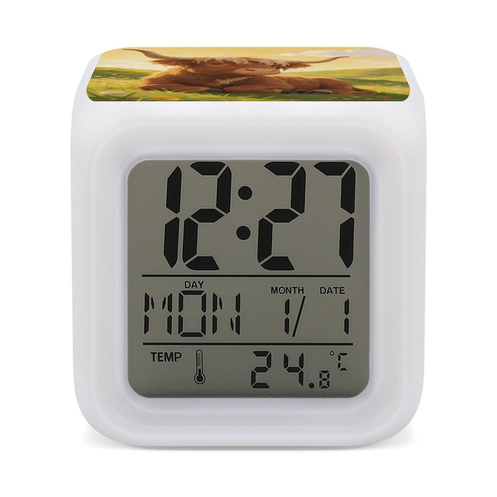 LZQPOEAS Highland Cow Chillin Alarm Clock with 7 Color Changing Nightlight for Bedroom Calendar Temperature Display Wake Up Digital Clock Small Desk Clocks for Heavy Sleepers Adults