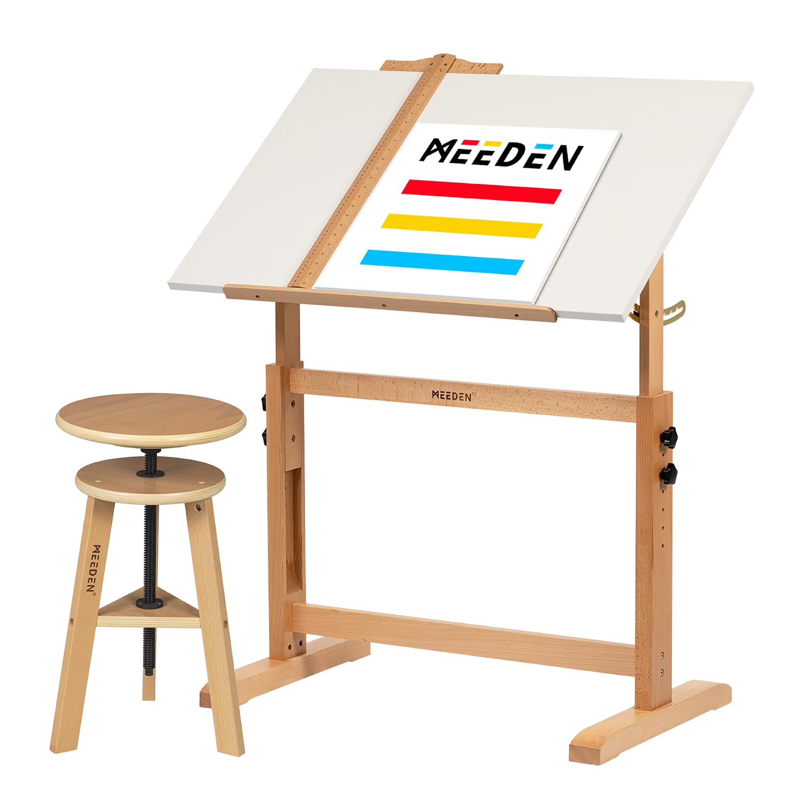 MEEDEN Set tavolo da disegno e sgabello bianco: 90,2 x 59,7 cm, in legno di faggio, altezza regolabile, scrivania artistica con mensola per matita e righello, grandi tavoli da disegno inclinabili per