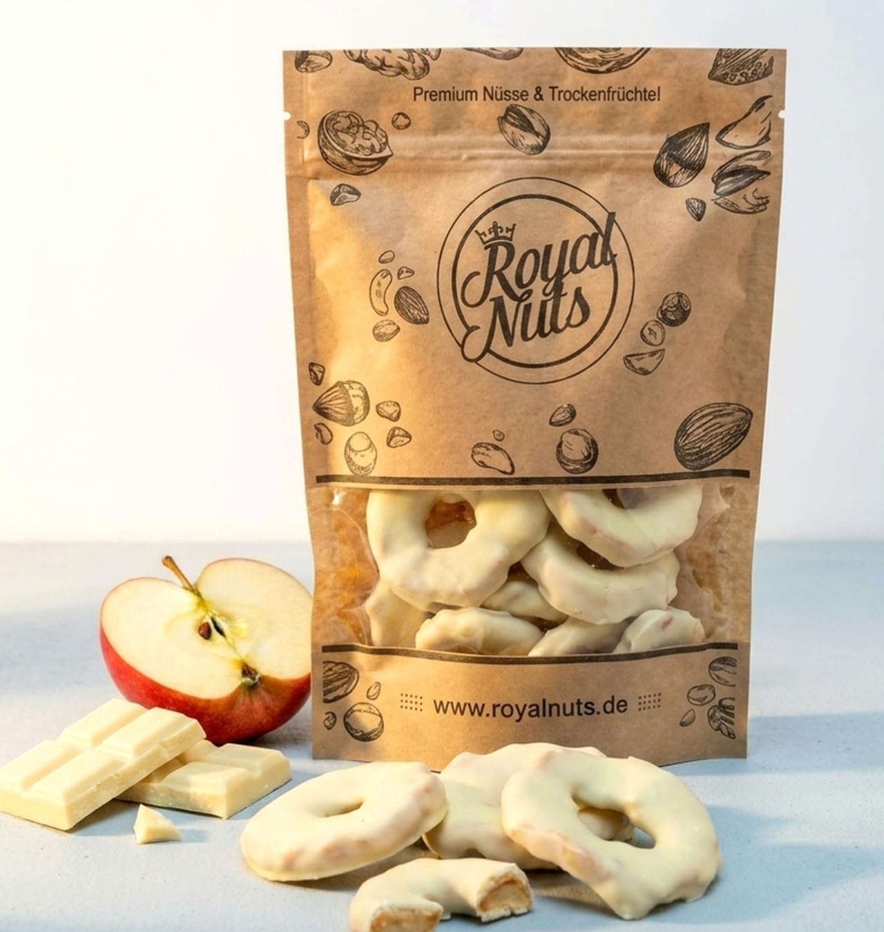 ROYALNUTS Apfelringe 1000g mit weißer Schokolade – getrocknet & schokoliert | Saftige getrocknete Apfelringe umhüllt von feiner weißer Schokolade – in deutscher Manufaktur veredelt