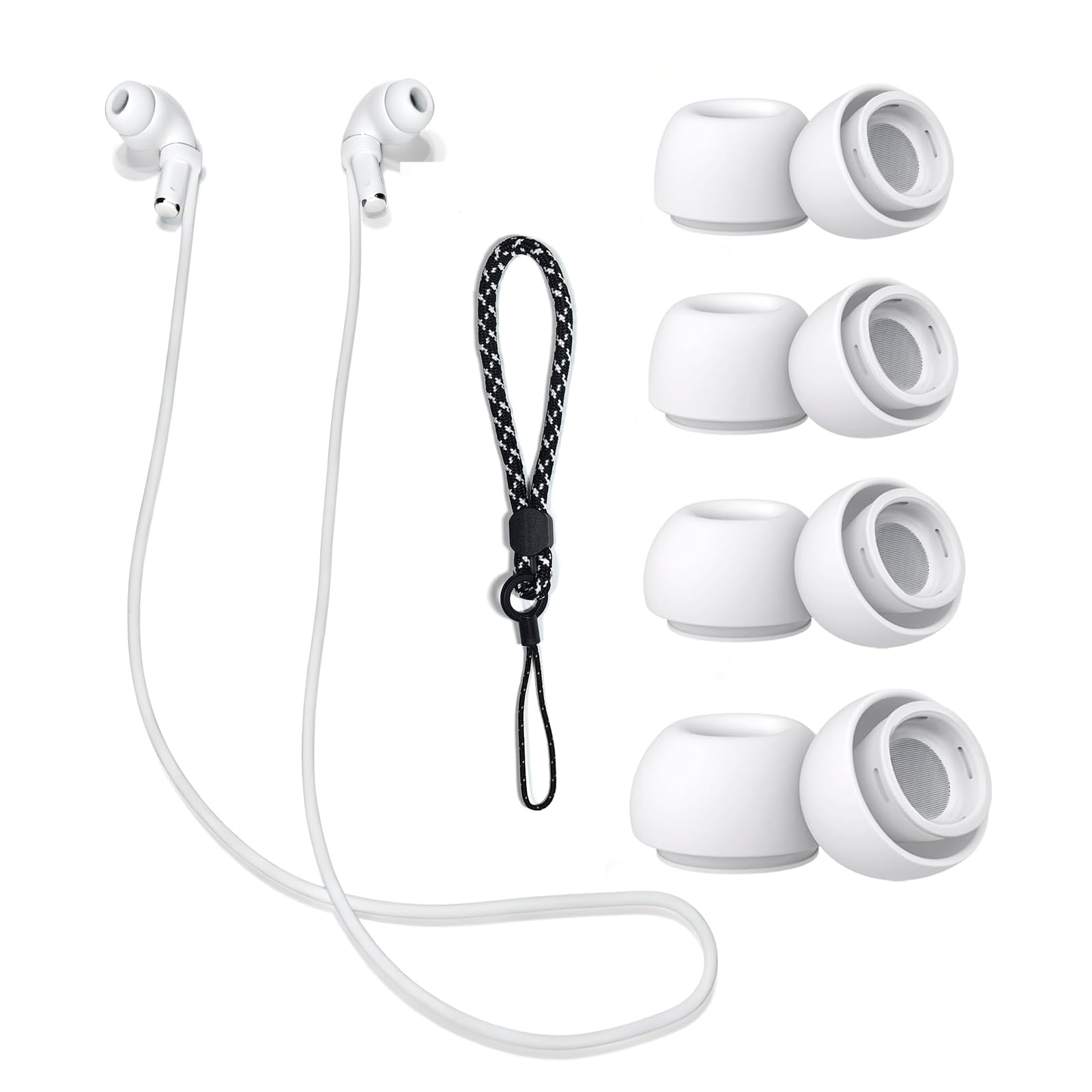 Silicone Ear Tips Replacement Set for AirPods Pro 2nd/1st | 4 Pairs Ear Tip Replacement For AirPod Pro 1/2, 1 White Neck Strap and 1 Small Lanyard
