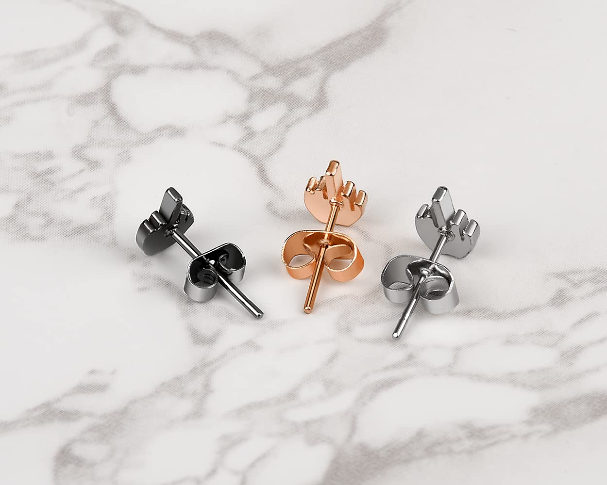 Aretes de dedo medio, 3 pares de aretes divertidos para mujer, dorados, plateados y negros para hombre 8