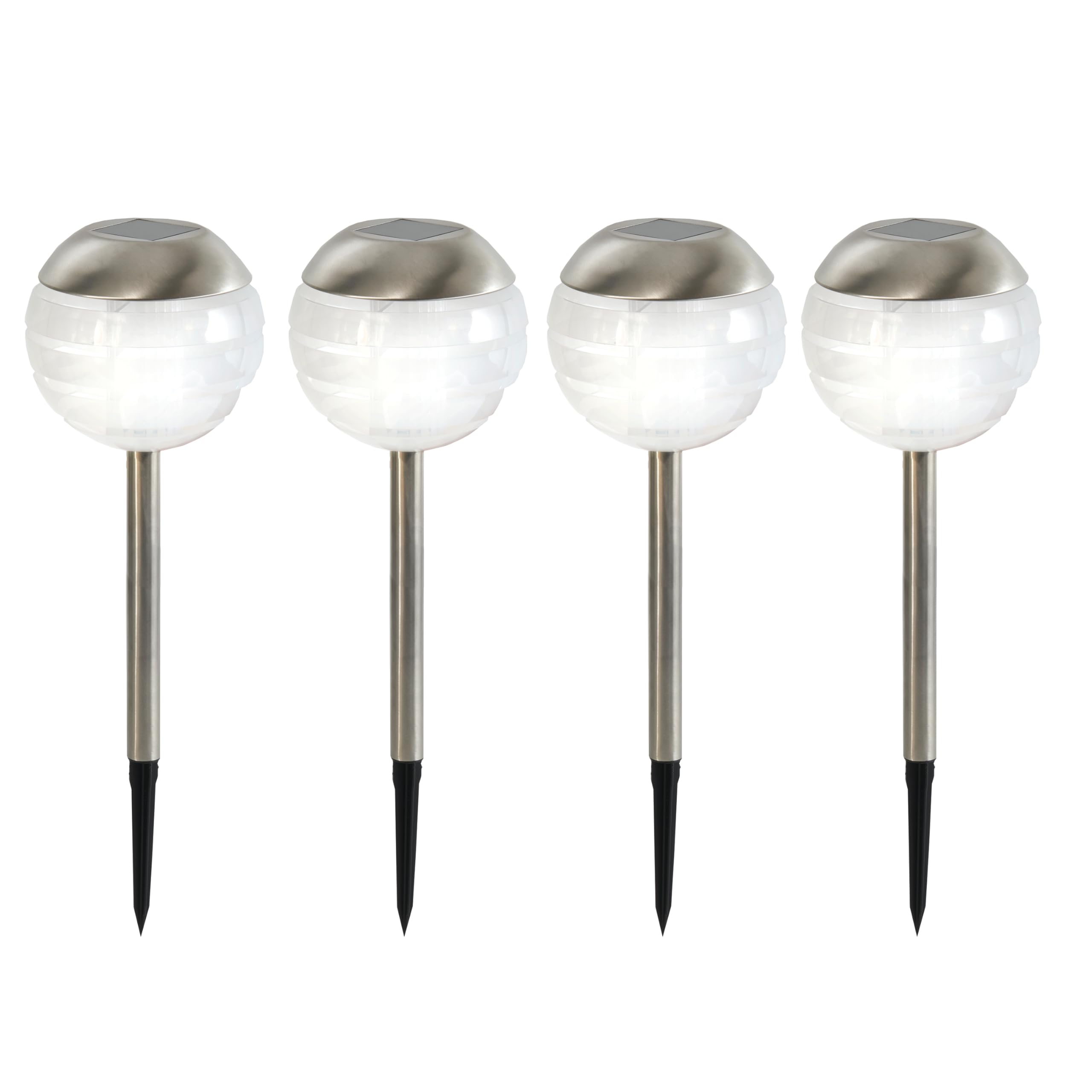 Coopers Of Stortford Chrome - Set Of 4 Solar Globe Stake Lights - Elegant Garden Path & Bed Lighting - Solar-Powered With Warm White Glow - Weather-Resistant Plastic - Easy To Place Anywhere