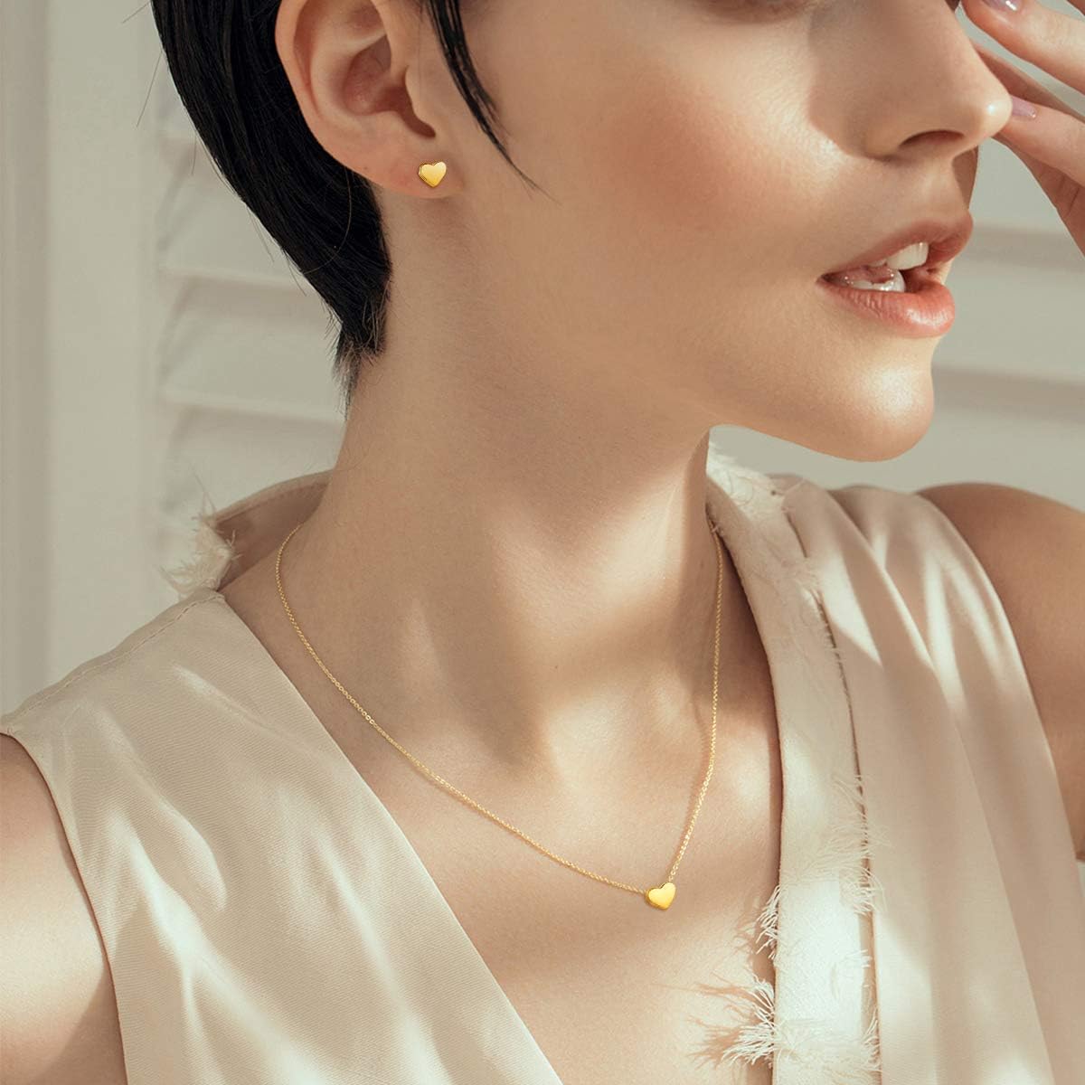 ChicSilver 18K Gold Plated Sterling Silver Dainty Small Heart Pendant Necklace and Stud Earrings Jewelry Set for Women Girls