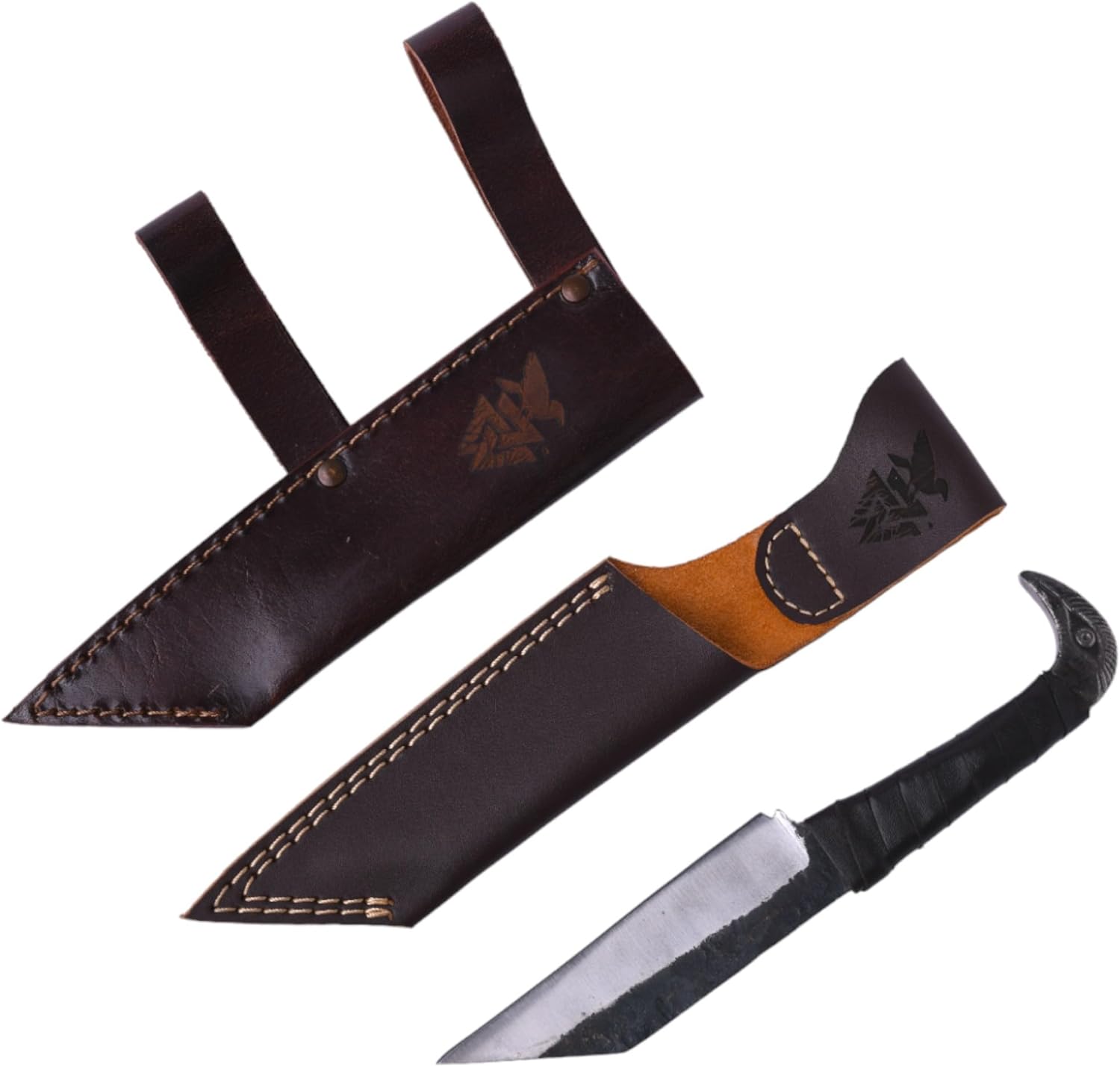 Odin's Raven Norse Viking-styled Knife 10.3" - Hand Forged 6.5" Carbon Steel Blade, Raven's Head Hilt and Leather Sheath - Unique Medieval Seax Style - Norse Knife for Hunting & Camping