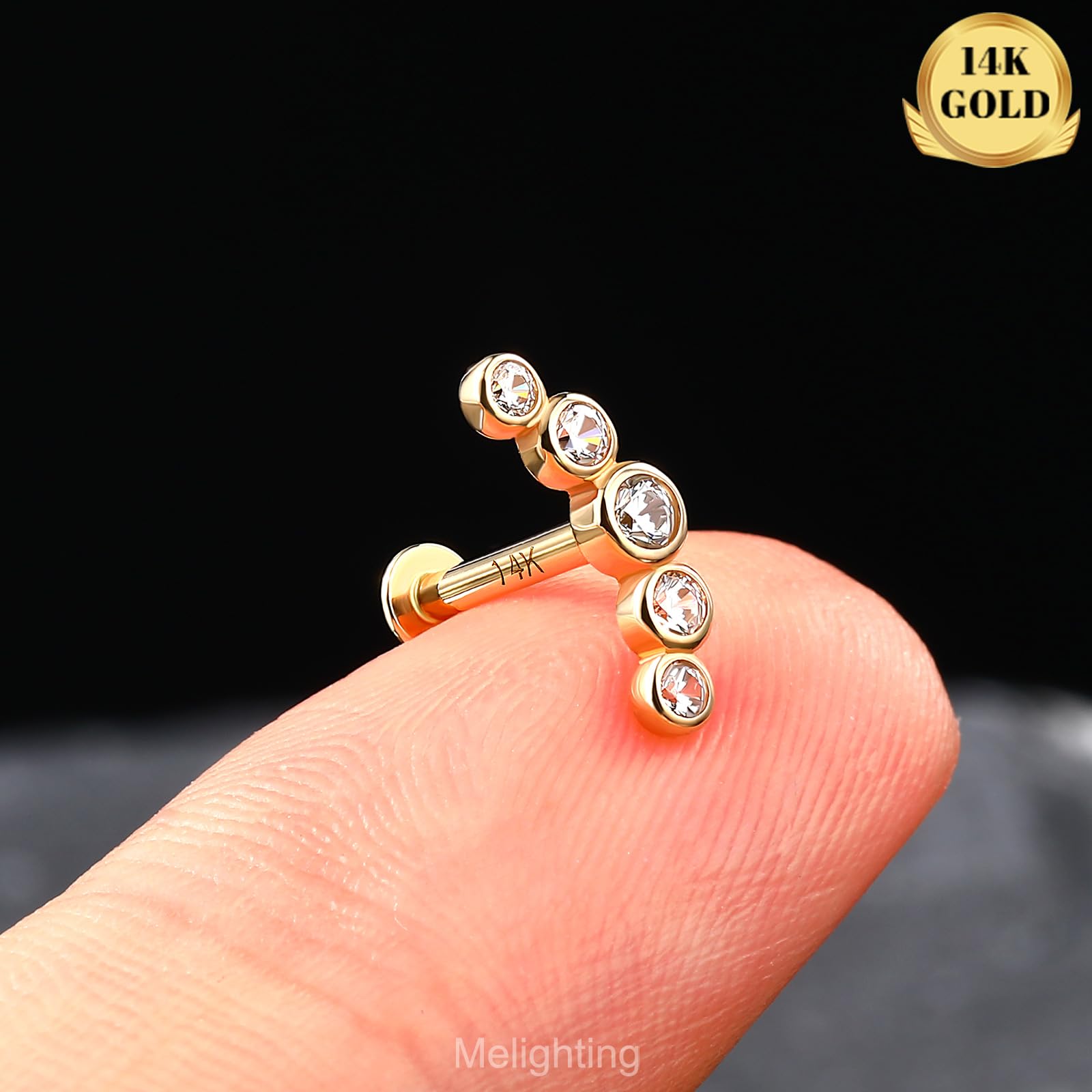 Melighting Pendientes curvados de oro macizo de 14 quilates para cartílago con rosca interna, circonita cúbica, parte trasera plana, 16 g, piercing para labret