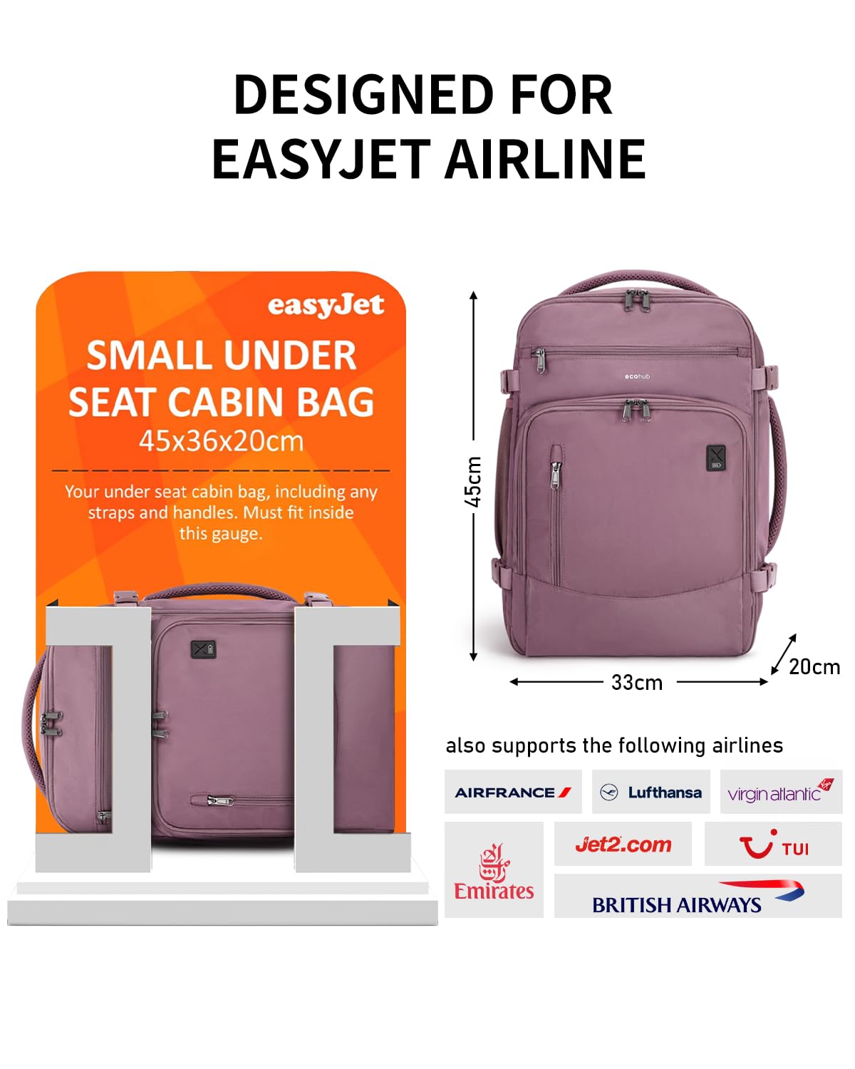 ECOHUB Zaino Bagaglio a Mano Easyjet 45x36x20 Zaino Valigia Viaggio Aereo Sotto il Sedile 13 Tache Zaino da Cabina Porta USB Grande Impermeabile Ecologica in PET Riciclato da 30 Litri(Rosa)