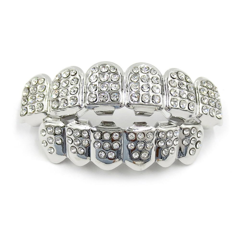 Hip-hop Teeth,1 Set Teeth Grills,Hip Hop Teeth Grills,Argent Plated Tooth,Braces Top and Bottom Grill Cap Shiny Tooth,for Men's and Women's Parties,Proms,Halloween Role Plays