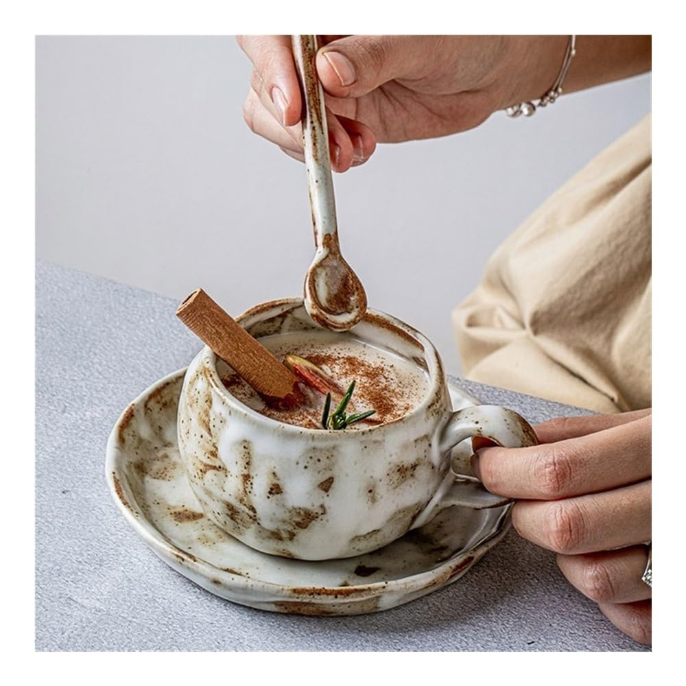 Kubki Ręcznie robiony, surowy ceramiczny kubek do kawy, filiżanka latte, spodek, łyżeczka, zestaw do Latte, Gorącej Herbaty, Mleka