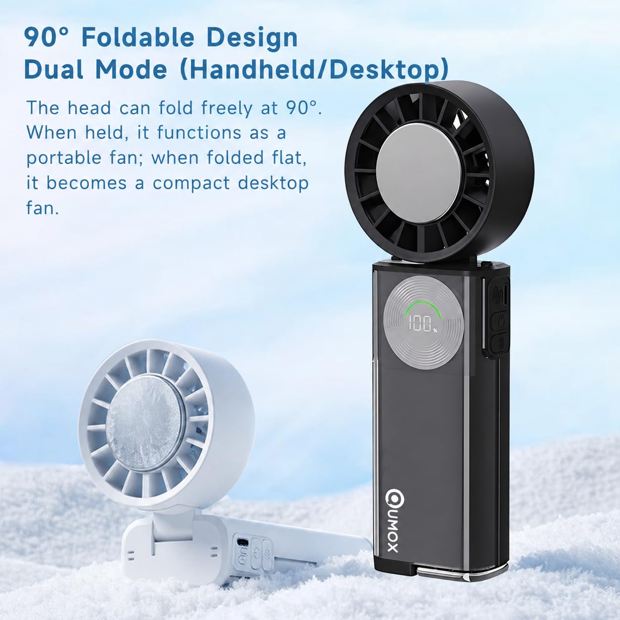 QUMOX Ventilatore Portatile con Raffreddamento a Contatto, Ventilatore Ricaricabile USB-C 100 Velocità con Piastra Fredda, Batteria 6000mAh, Display Digitale Pieghevole da Mano e da Scrivania (Bianco)