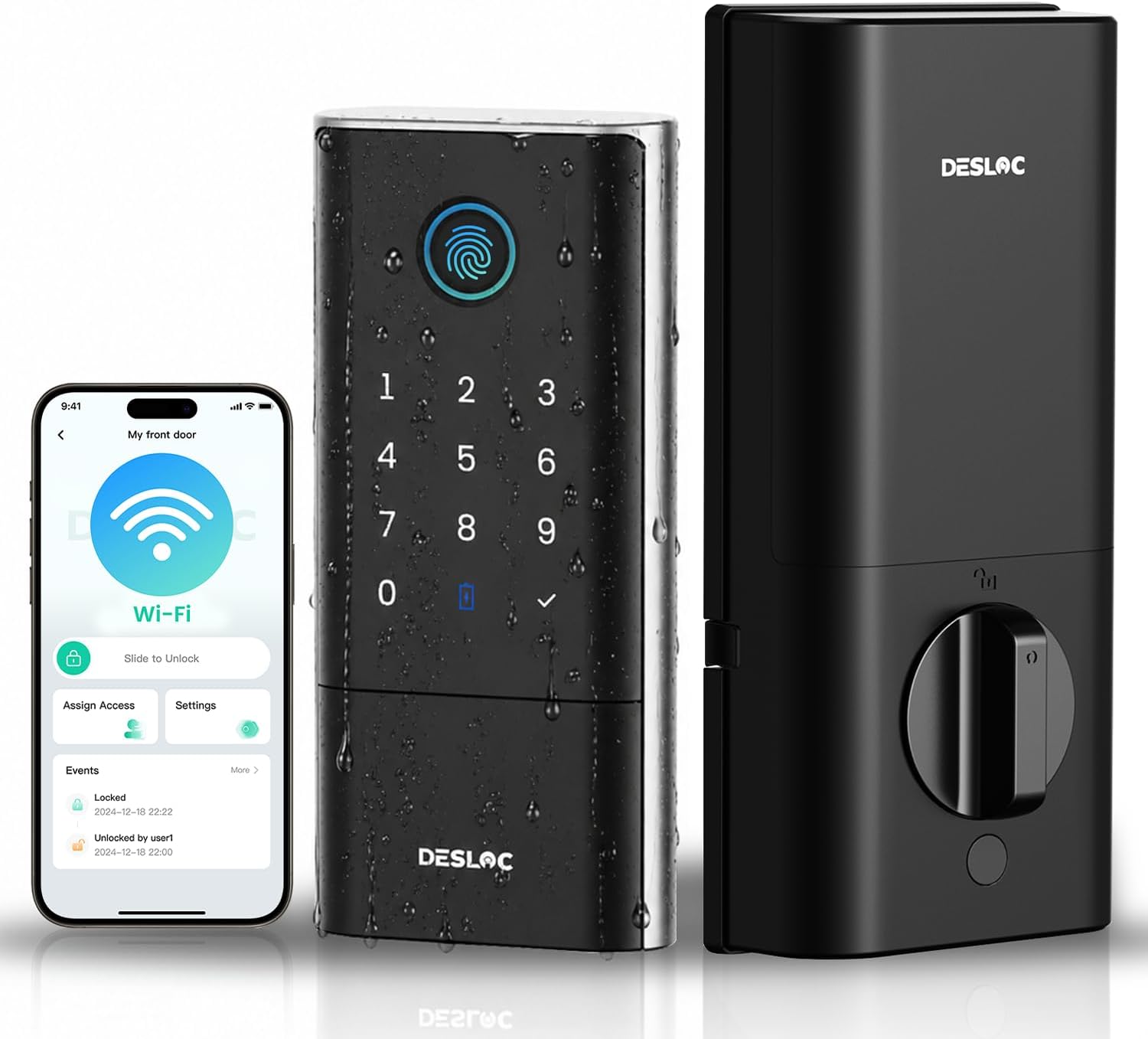 DESLOC Smart Lock K120 with GPT 3D Fingerprint, 15,000mAh Battery (Up to 16 Months), Keyless Entry Door Lock with Built-in WiFi, IP65 BHMA Grade 3 Deadbolt for Home, Rental & Airbnb, Black
