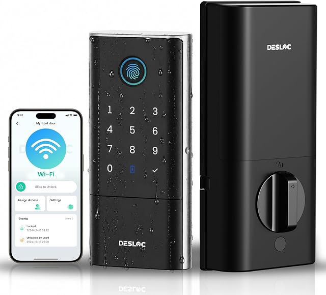 DESLOC K120 Fingerprint Smart Door Lock, Built-in WiFi, 16-Month Battery | GPT 3D Fingerprint Learns and Adapts for Faster Unlocking, with App Control, Auto Lock, IP65, and BHMA Grade 3 , Black