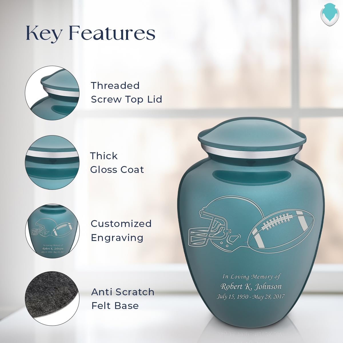 Geturns - Adult Personalized Football Cremation Urns for Human Ashes I Large Teal Funeral Urn for Men and Women I 200 lbs