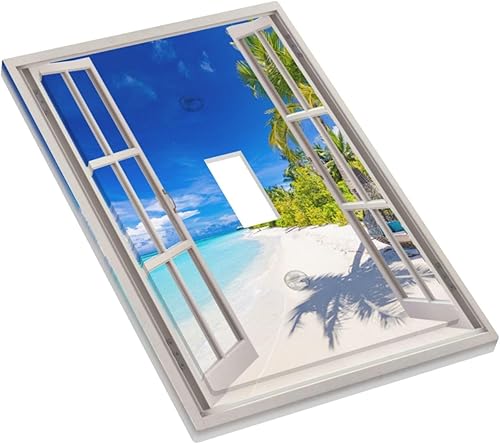 Miniatura 3 de Vista de ventana, isla tropical, playa, palmeras, cielo soleado, cubierta de interruptor de luz de palanca individual, placa decorativa de pared de