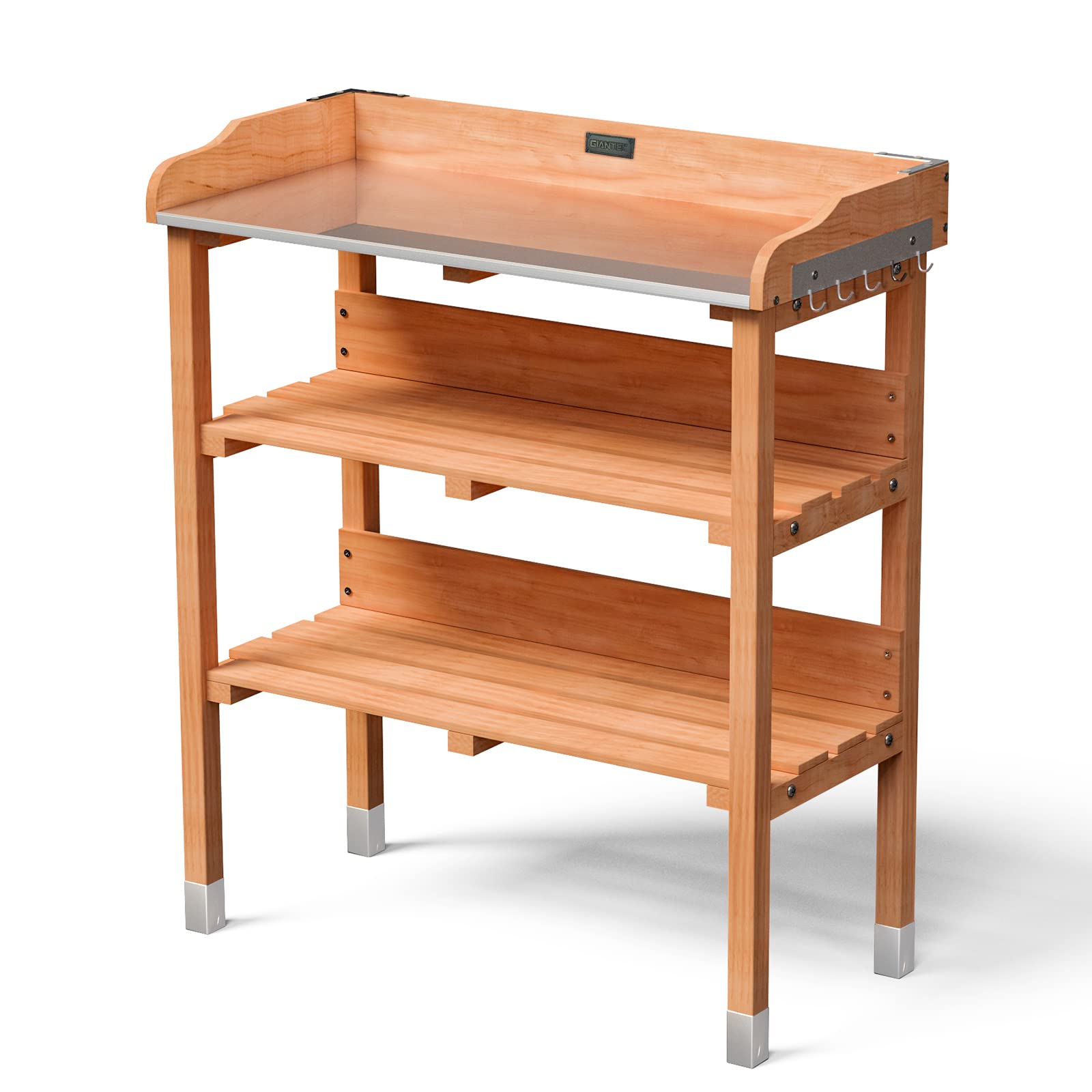 Giantex Garden Potting Bench, Outdoor Wood Workstation Table with Galvanized Steel Tabletop, 5 Hooks, 2-Tier Storage Shelves, Outside Work Station Potting Table with Raised Edge, Easy Assembly - Image 9