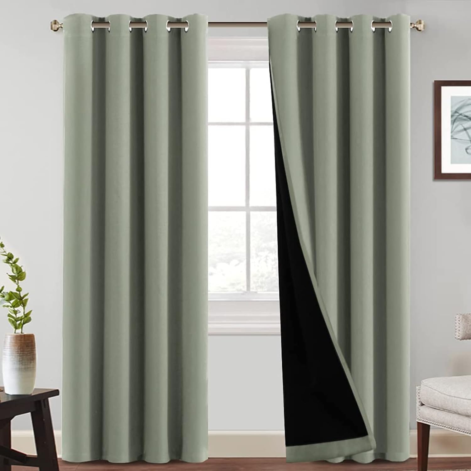 Cortinas 100% opacas color salvia con aislamiento térmico para ventana de dormitorio y salón