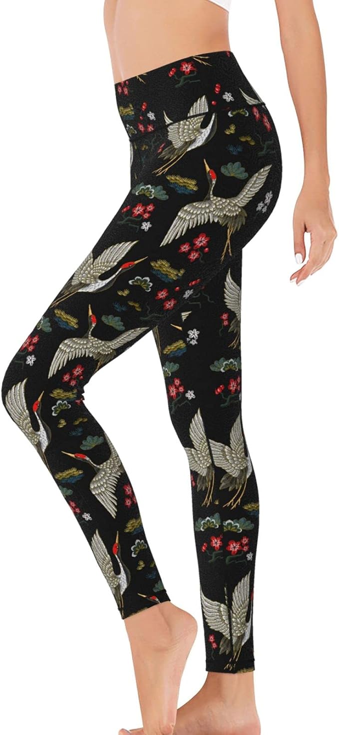 Women's Japanese White Cranes with red Flowers High Waist