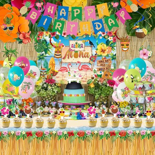 Image of Hawaiian Birthday Party Decorations Kit - Includes inchHappy Birthday inch Banner, Hanging Swirls, Aloha Backdrop, Balloons,Cake Toppers, Tablecloth for Tropical Luau Theme Party Supplies