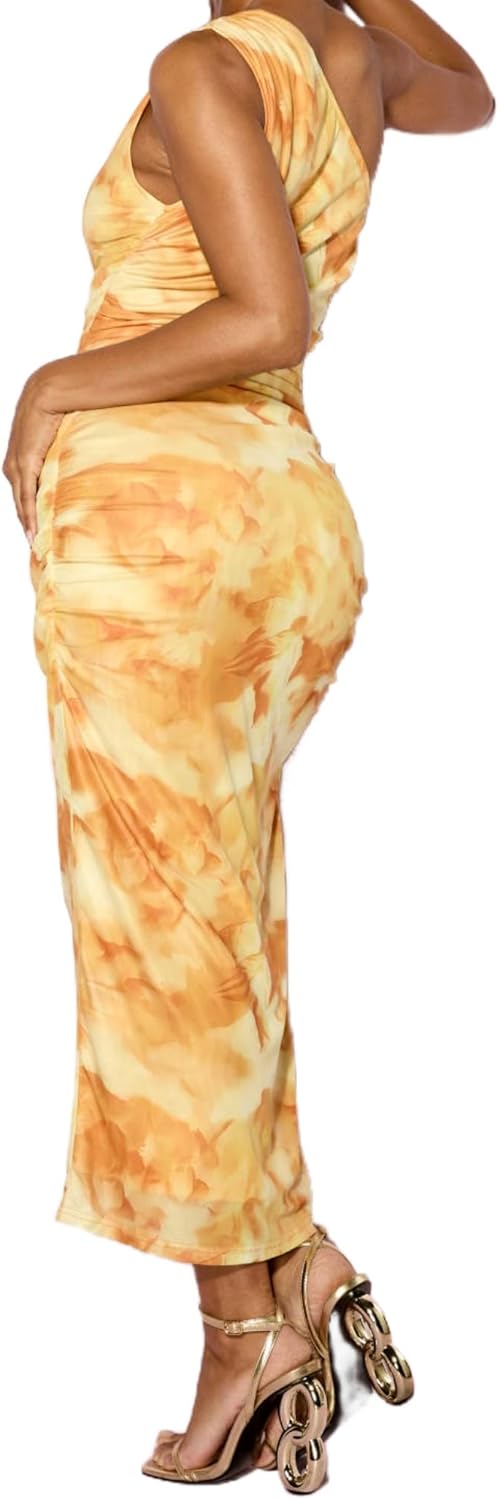 Milumia Women's Tie Dye One Shoulder Side Slit Bodycon Long Dress Ruched Maxi Party Club Dresses - Image 2
