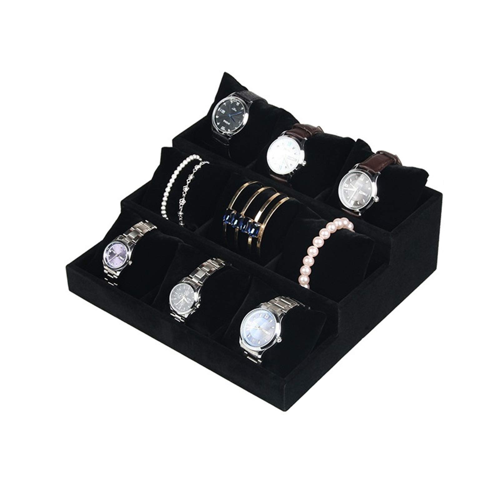 Uhrenbox, 3-stufiger Uhren-Organizer für Vitrine, Schublade, 9 Fächer, Aufbewahrung von Schmuck, Ständer, Vitrine, Schmuckaufbewahrung, Theke, Uhrenetui aus Eisvliesstoff (Farbe: schwarzer Samt)