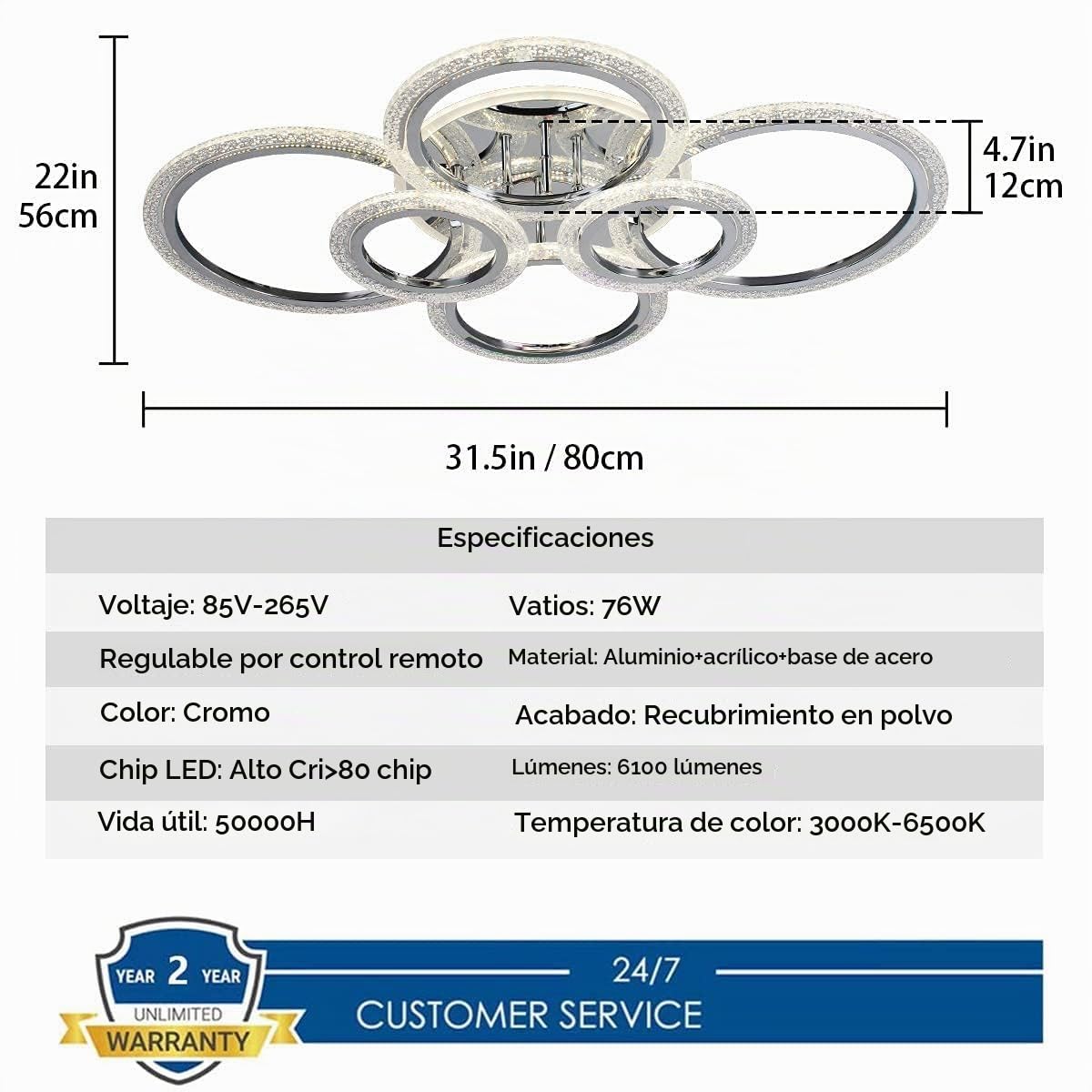 Qcyuui LáMpara De Techo Moderna Regulable, LáMpara De Techo Led De Montaje Empotrado, NóRdica De 6 Ronda Con Mando A Distancia Para SalóN Dormitorio Comedor Cocina | 6100 lm, 3000K-6500K ajustable con control remoto, pantalla de acrílico para dormitorio,