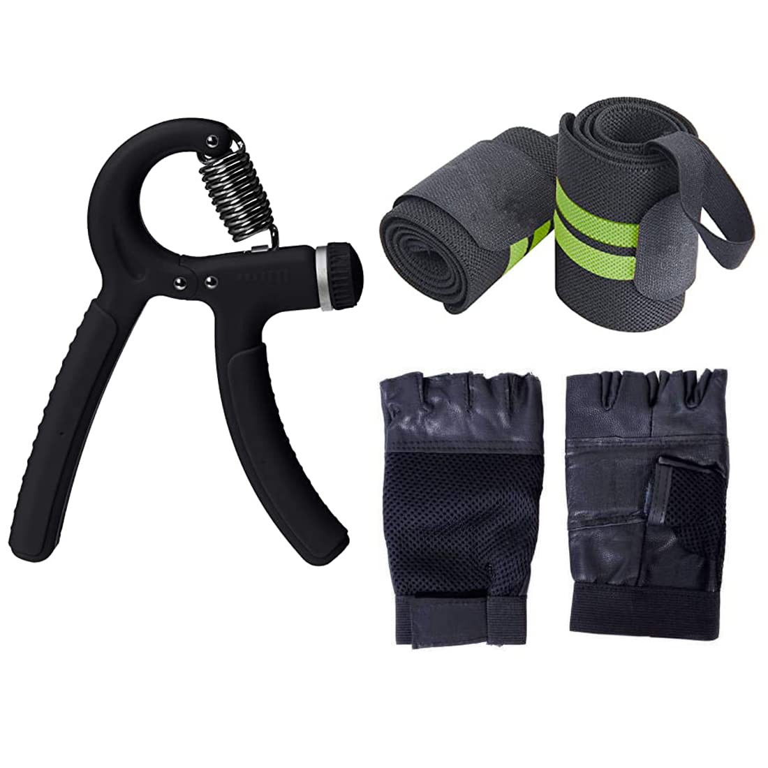 JAISBOY Combo Green Wrist Support Band/Wraps with Thumb Loop Strap & Adjustable Hand Grip Strengthener, Black Hand Gripper for Men & Women for Gym Workout and Gloves-image-43