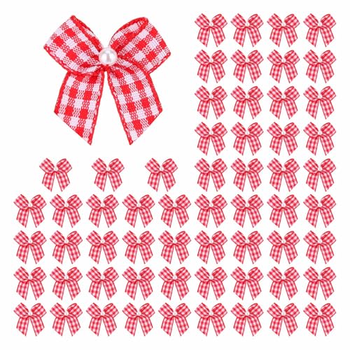 Meseey 60pcs Mini Buffalo Plaid Ribbon Bows with Pearl Red and White Gingham Ribbon Bows for Sewing, Scrapbooking, Wedding, Gift,Christmas Decoration (Red White 01)