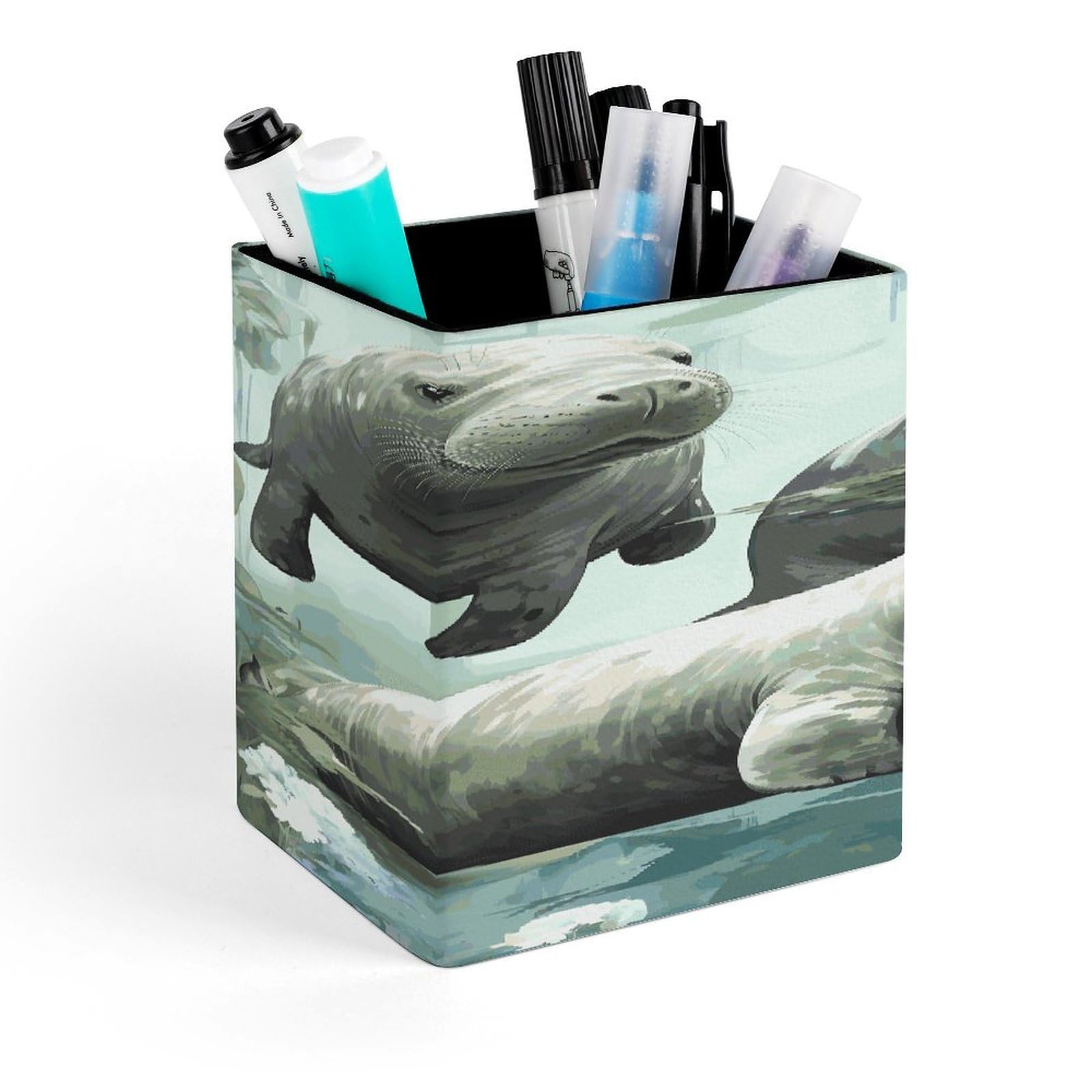 FekiLoot Rabbits Manatees Pencil Holder for Desk Square Leather Pen Holder Cup Desktop Organizer Multi-Functional Pencil Cup Holders Modern Decorative Desk Organizer Caddy Makeup Brush Holders