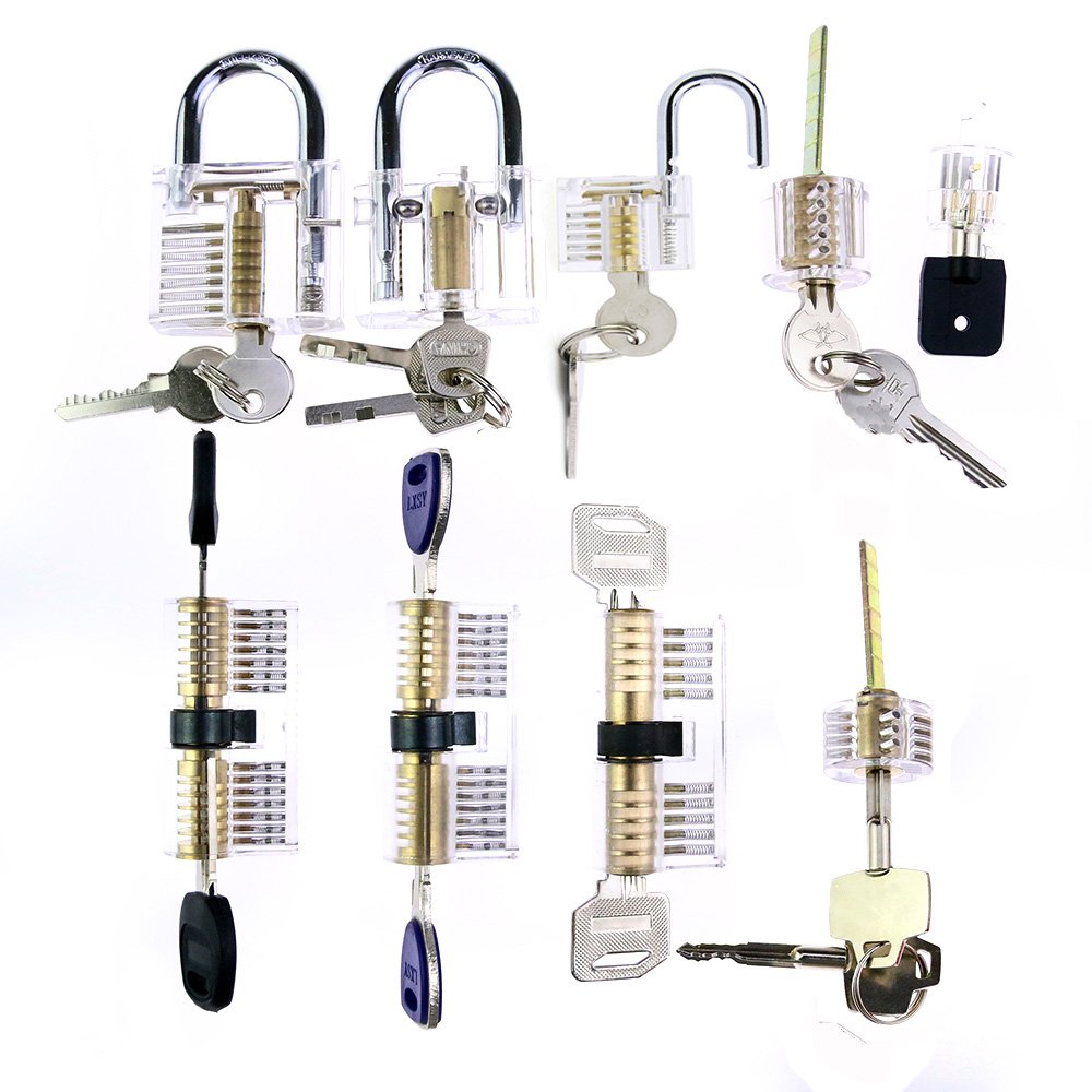 Cerradura transparente de práctica de cerradura, estructura interna claramente visible, cerradura de entrenamiento transparente para cerrajero, principiante (9 candados)
