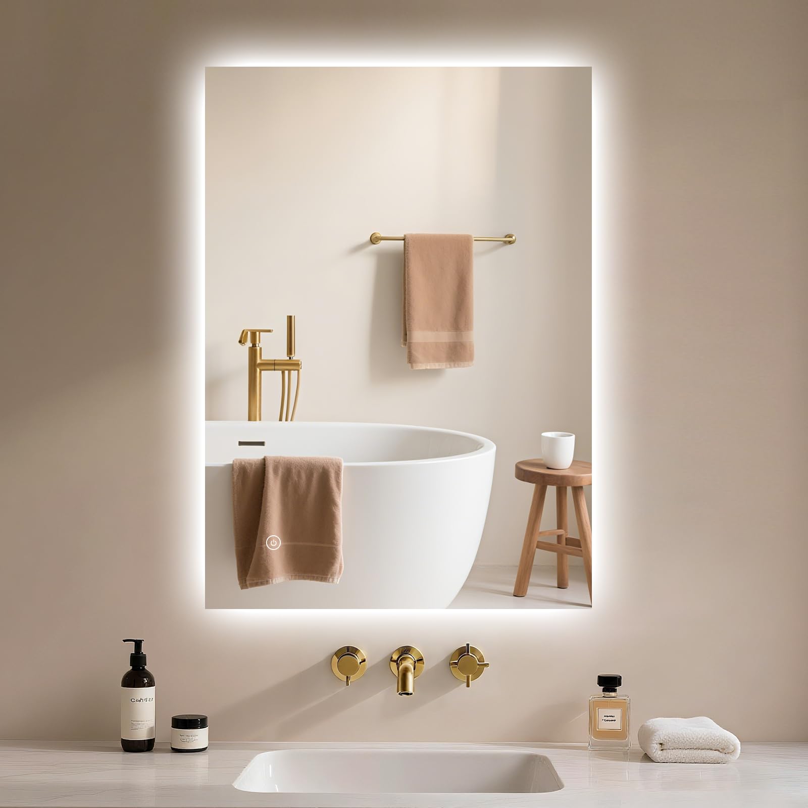 Badspiegel-mit-Beleuchtung 40x60cm - Badezimmerspiegel LED Badezimmer Spiegel mit Beleuchtung, Touch-Schalter, Dimmbar, 3 Lichtfarben, Wandspiegel Led-Spiegel-Bad Horizontal/Vertikal