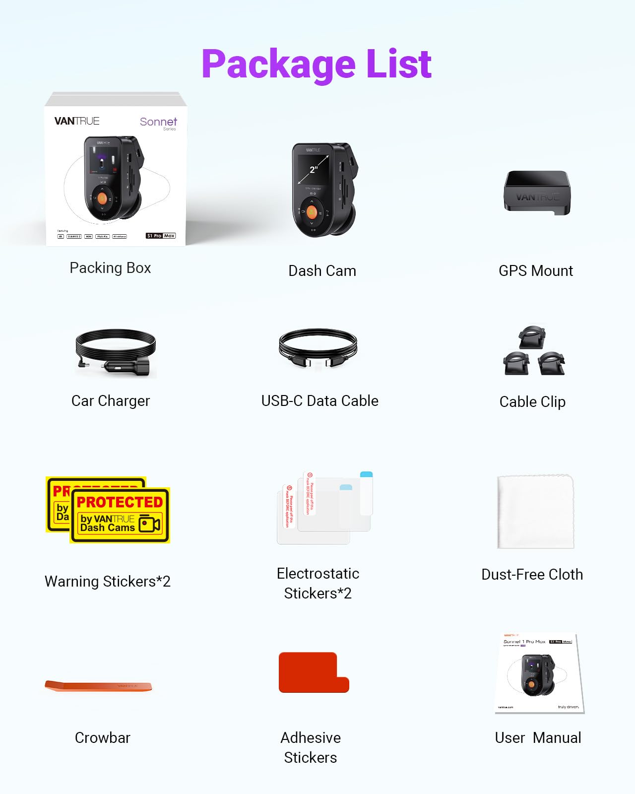 Vantrue S1 Pro Max 4K Starvis 2 Dashcam Auto Anteriore, 5G WLAN, GPS 155° HDR, Monitoraggio, LTE Opzionale, Smart ADAS, Comando Vocale, Modo Privacy, 1TB Max