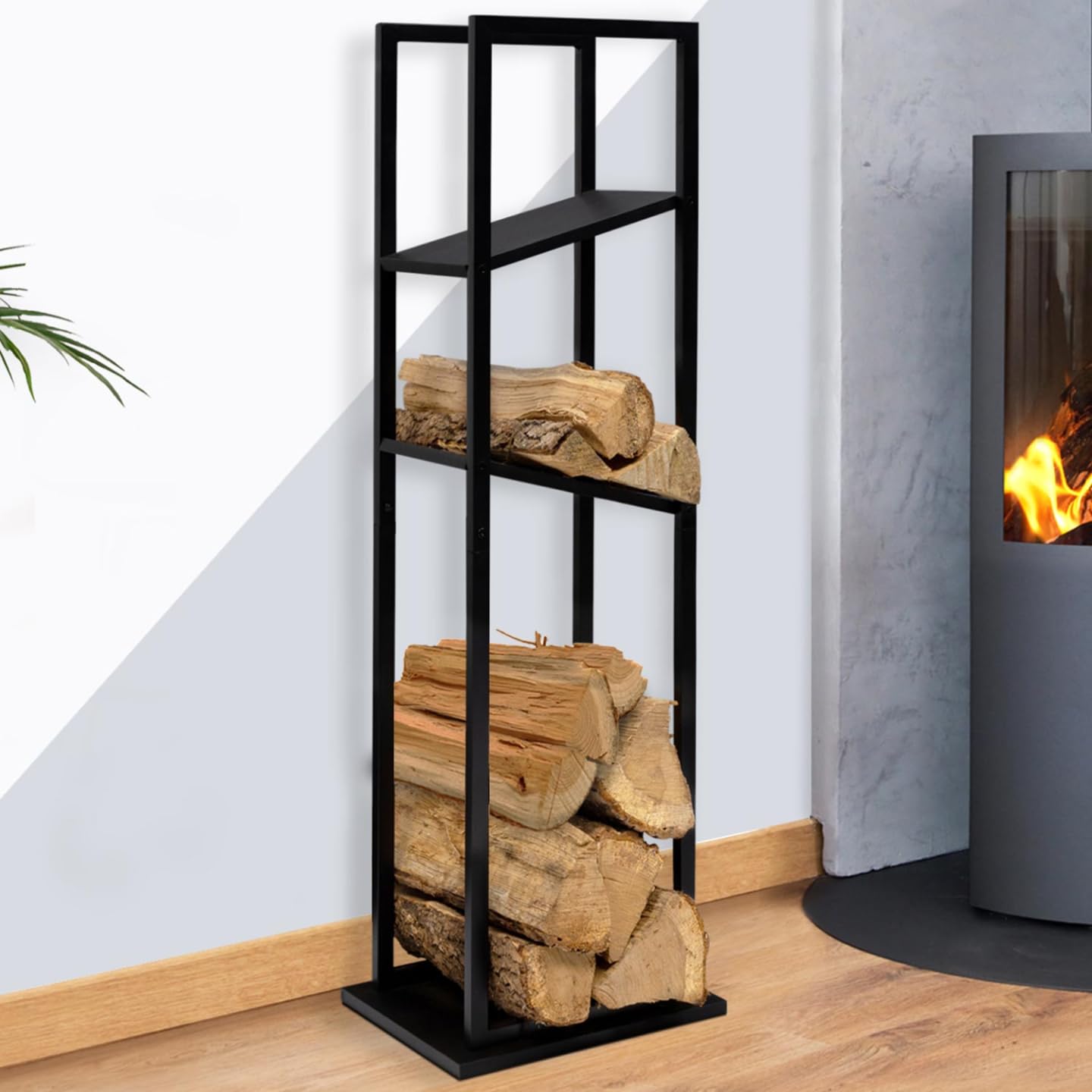 IDMarket - Range bûches Vertical Acier Noir avec 2 étagères H.112 CM pour cheminée